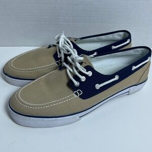 Polo Ralph Lauren Franz 11D Canvas Boat Shoes Tan Navy Mens Lace Up